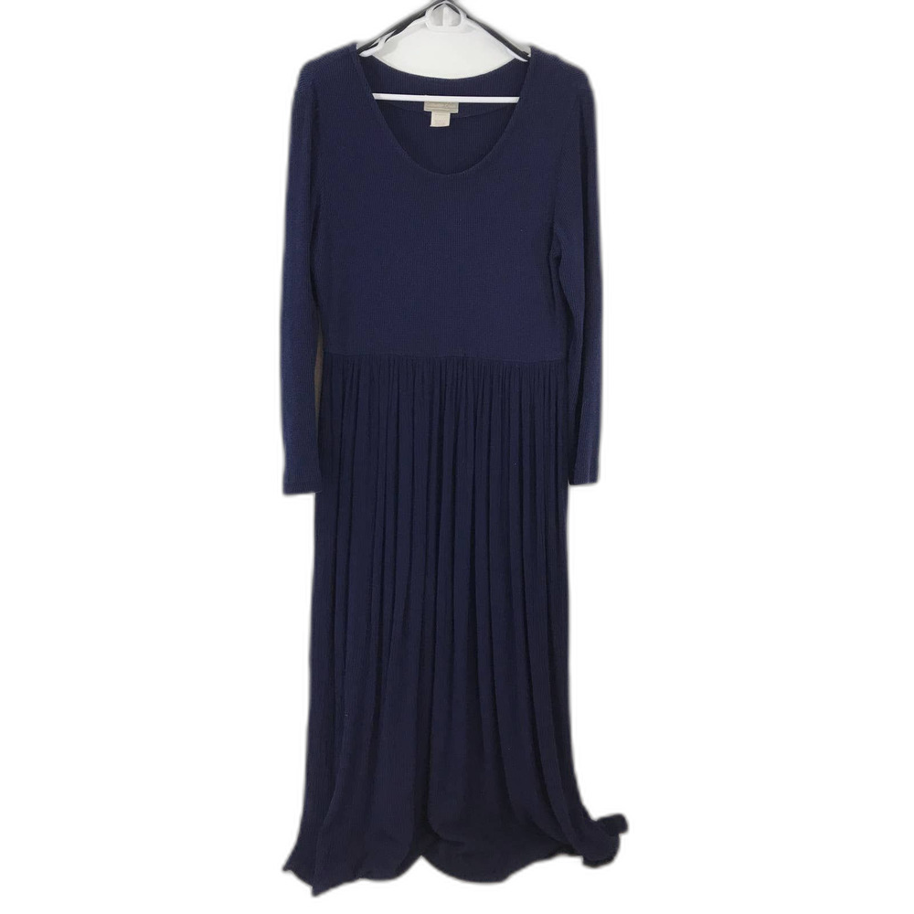 Coldwater Creek Navy Maxi Dress Ribbed Knit Top Crinkle Texture Skirt Size LP
